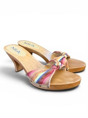 MIA Rainbow Stripe Wood Heels Sandals Y2K Boho Retro Slide Mules Women’s 9